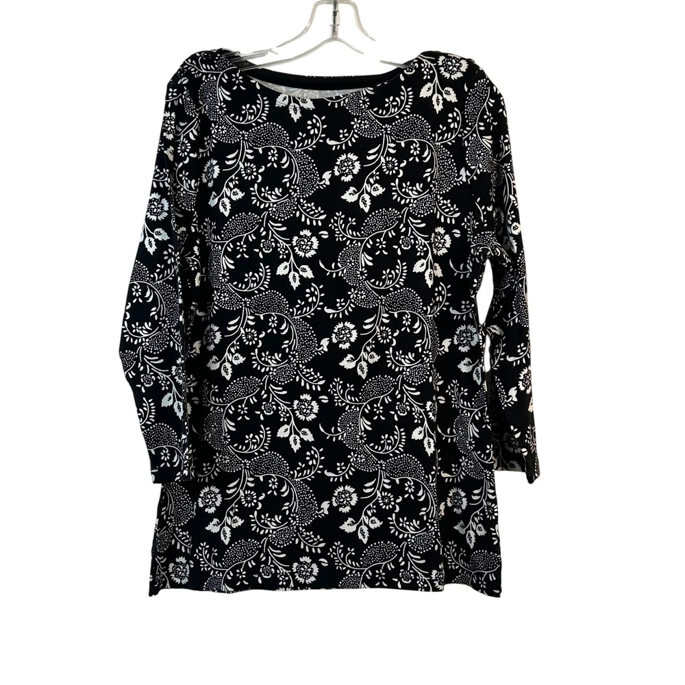 Lands End Womens‎ XL Black White Floral Paisley Boat Neck Button Shoulder Top